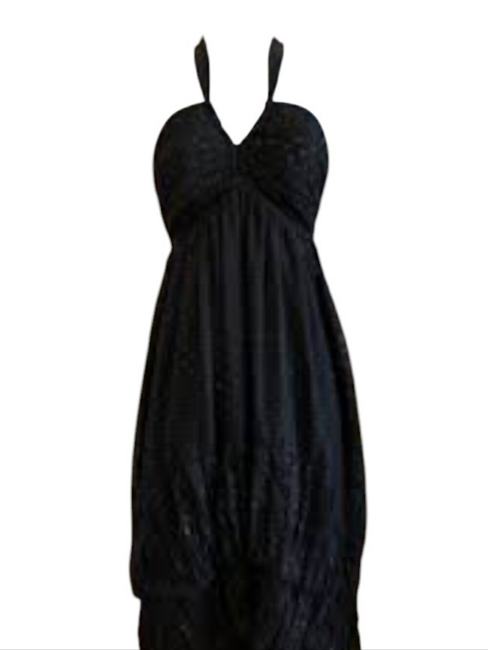 Black Layered Halter Dress. Metallic Black Polka Dots. Size 8